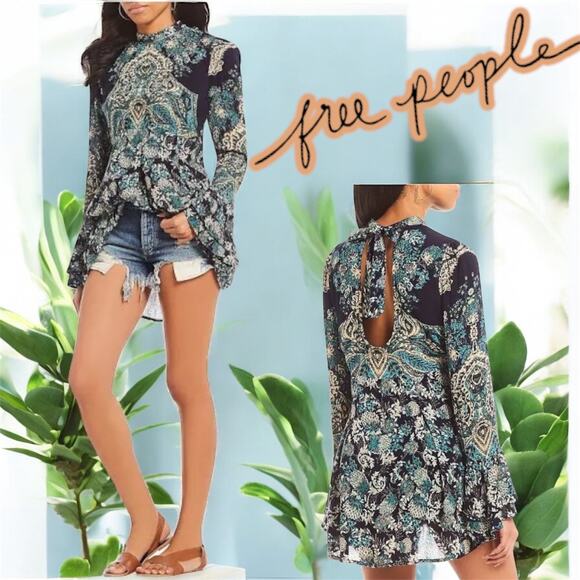 Free People Lady Luck Printed Long Sleeve Paisley Boho Blouse Size XS Whimsical - Picture 1 of 9